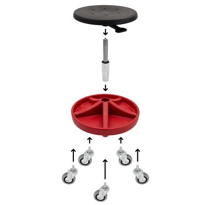 Montørstol/Taburet med sæde i PU-skum, fodkryds med 5 rum, 5xØ75 hjul og højde 350-470 mm (RØD)